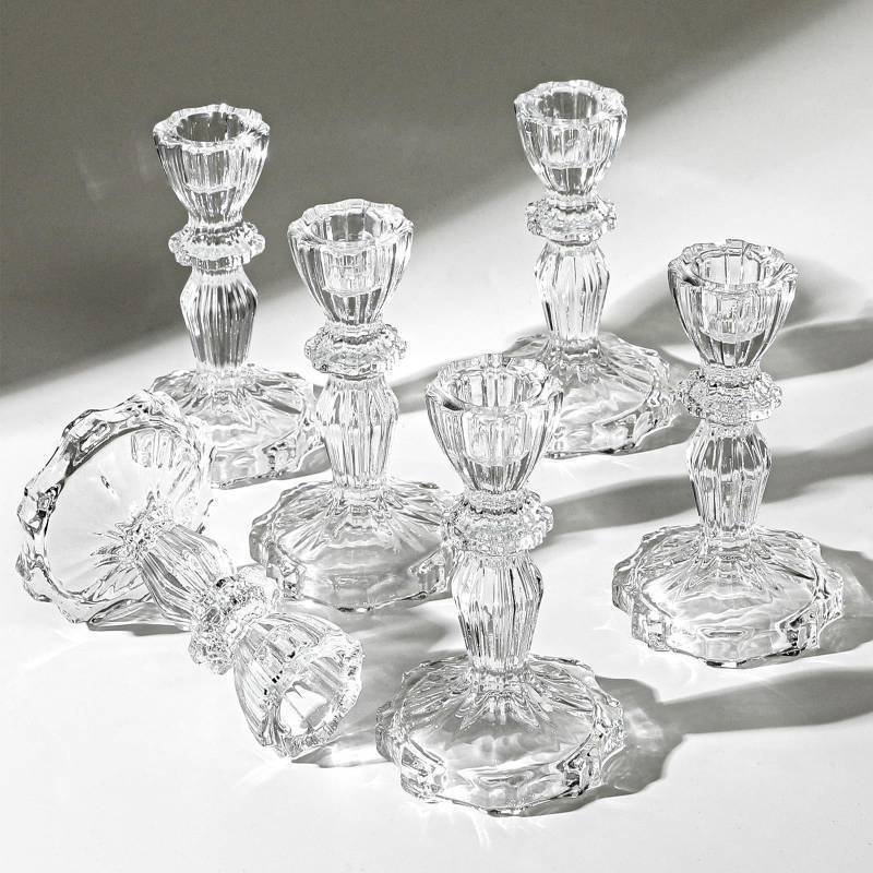lot 22400 image: 4.33 Tall Glass Candlestick Set of 6 Clear Crystal Candle Holders for Glass Taper Holder Decor for Wedding Birthday Party Christmas - Retail $20