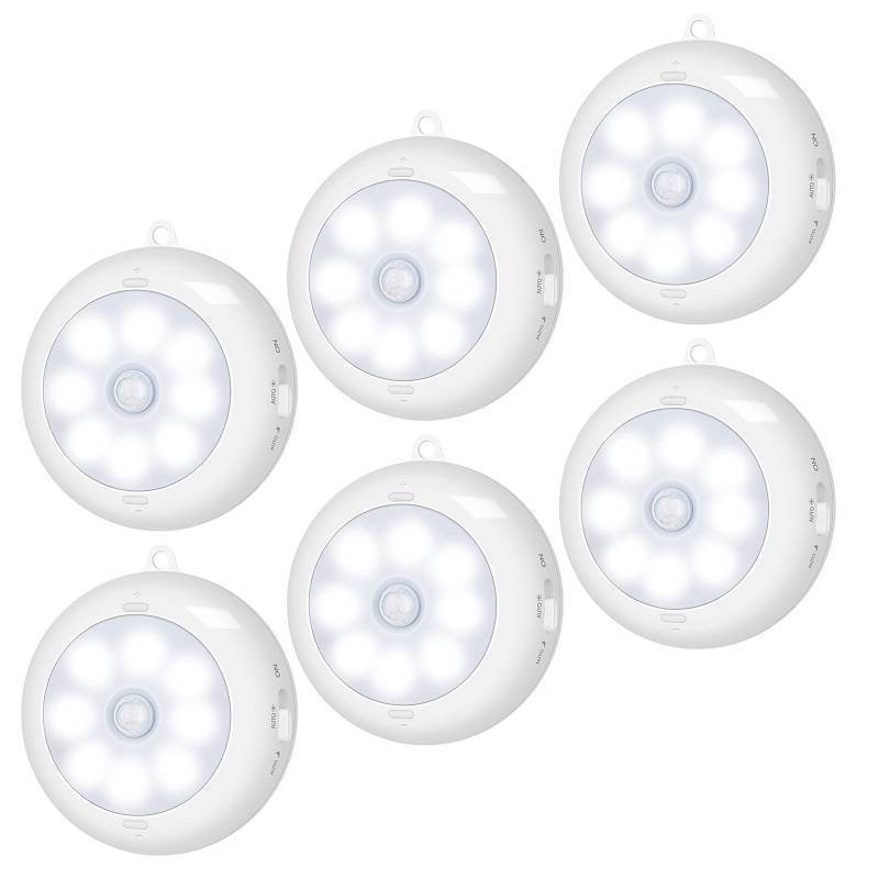 lot 32792 image: BLS Motion Sensor Light Indoor, Wireless LED Night Light, Under Cabinet Lighting, Battery Powered Puck Lights for Closet, Kitchen, Stairs, Wall, AA Battery Operated, Stick on, Dimmable, White, 6 Pack - Retail $30