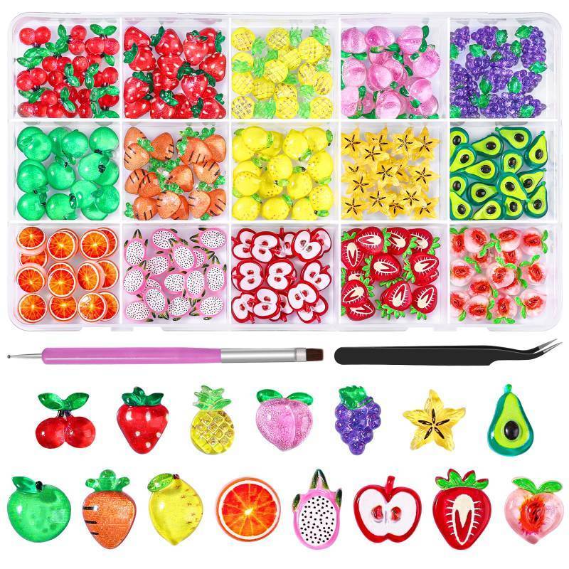 lot 30281 image: 220Pcs 3D Cartoon Fruit Nail Art Charms,15 Grids Mixed Assorted Cherry Strawberry Pineapple Peach Grape Apple Carrot Lemon Avocado Orange Pitaya Star Fruit Nail Supplies with Pickup Tool (Fruit) - Retail $7