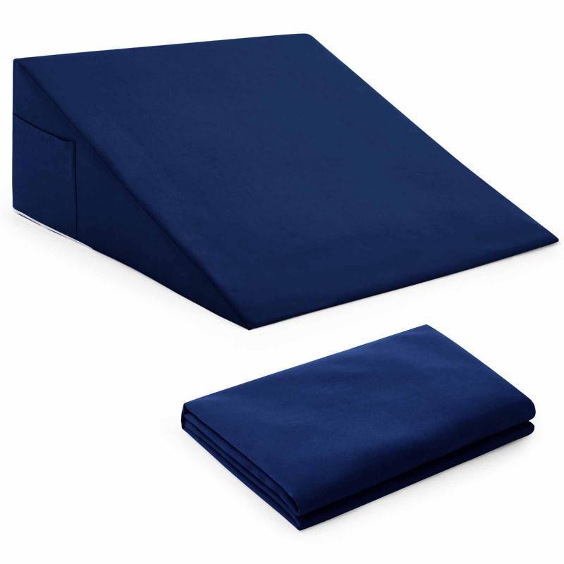 lot 30371 image: Horbaunal Navy Blue Bed Wedge Pillow Cover with Zipper Design, Wedge Pillowcase Protector with Side Pocket for Storage, 24 L x 24 W x 12 H (Pillow Not Include) - Retail $14