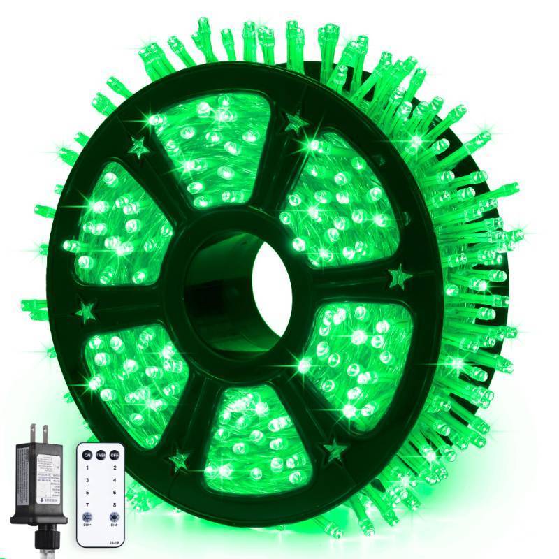 lot 32334 image: JMEXSUSS 600 LED Green Lights Indoor Outdoor Waterproof, Clear Wire Plug in 168 FT Green Christmas String Lights for Yard Tree Room Garden Halloween Party Xmas Decor, 8 Mode, Remote - Retail $30