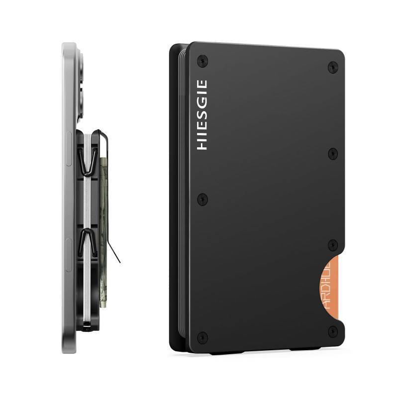 lot 33787 image: HIESGIE Compatible with MagSafe Wallet, Slim Wallet for Men with Money Clip, Rfid Blocking Metal Card Holder, Minimalist Magnetic Wallet Compatible with iPhone 1615141312 Series - Classic Black - Retail $28