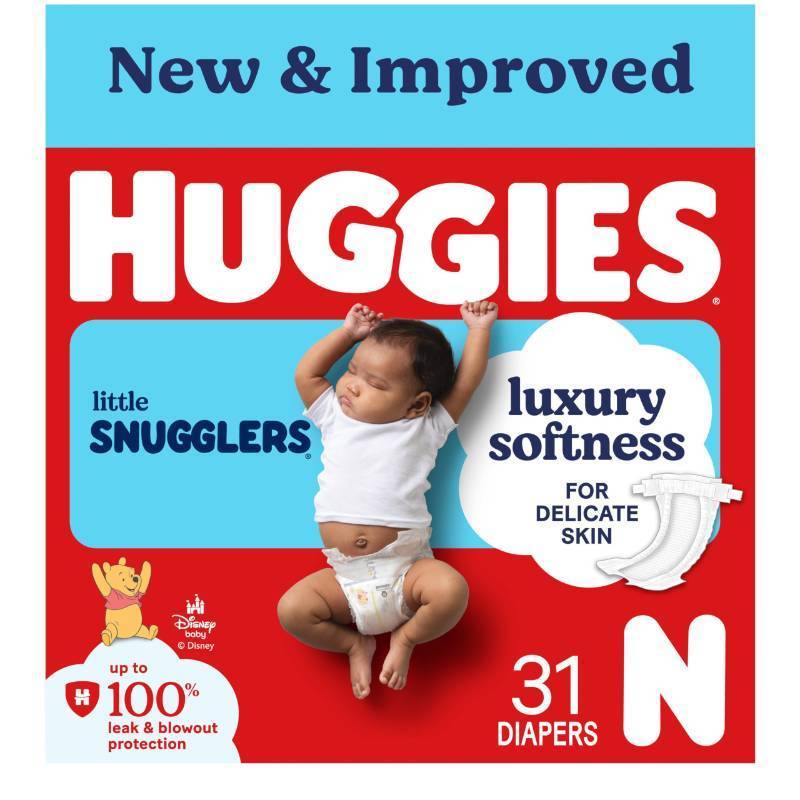 lot 23029 image: Huggies Size Newborn Diapers, Little Snugglers Baby Diapers, Size Newborn (up to 10 lbs), 31 Count, Packaging May Vary - Retail $10