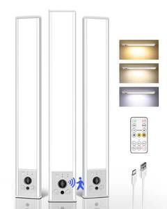 lot 19651 image: EZVALO 3-Pack Under Cabinet Lighting, 3300mAh Rechargeable Motion Sensor Light, 12inch Magnetic Closet Lights with Dimmable & 3 Color Temps, Wireless Motion Activated Lights with Remote for Kitchen - Retail $36