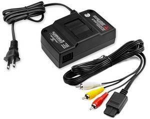 lot 19657 image: PEGLY 2-1 N64 Power Supply, N64 AV Cable, AV Composite Cable Video Cord & Replacement AC Adapter Set For Nintendo 64 (with av Cable) - Retail $15