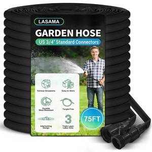 lot 19670 image: 75FT Garden Hose, Lightweight Water Hose, 34 Connectors Lawn Hose for Outdoor, Outside Hose for Yard Backyard, Collapsible & Car Wash Watering - Retail $24
