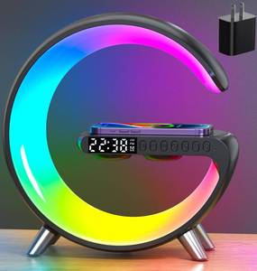 lot 19682 image: Smart LED Table Lamp, 4-in-1 Wireless Charger, Night Light, Alarm Clock, Bluetooth Speaker with App Control, Bedside Lamp with Charging Station for Bedroom, Office, Home Decor, Teen Girls Boys Gifts - Retail $40