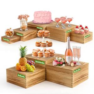 lot 19703 image: Budiwati 8-Pack Pine Wood Buffet Risers, Multi-Size Nesting Cube Food Display Stands for Buffet Table & Catering, Hollow Bottoms Food Risers for Multi-Level Buffet Presentation - Retail $42