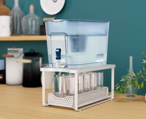lot 19709 image: Water Dispenser Stand for Countertop-Metal Black Water Filter Stand 14.5x7.7x6.9,with Drawers Suitable,Compatible with Brita Water Pitcher and Zerowater Pitcher (White) - Retail $30