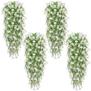 lot 24188 image: 4PCS Artificial Hanging Flowers for Outdoors Summer Decoration, Fake Hanging Plants Faux Petunias with Eucalyptus, UV Resistant No Fade Plastic Realistic Silk Flowers for Porch Patio Balcony Indoor - Retail $18