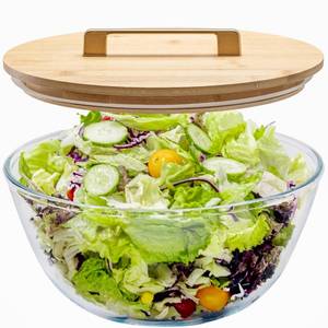 lot 24192 image: 4.7Qt Large Glass Mixing Bowl with Lid, Clear Large Salad Bowls with Airtight Bamboo Lid & Handle,Thickened Glass Big Mixing Bowls Cooking Bowl for Serving, Food Prep, Kitchen,Borosilicate Glass - Retail $36
