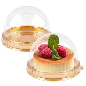 lot 24199 image: Zezzxu 50 Pack Mini Cake Containers, Clear Plastic Small Cupcake Boxes with Dome Lids for Individual Chocolate Covered Cookies, Strawberry, Mooncake (Gold) - Retail $13