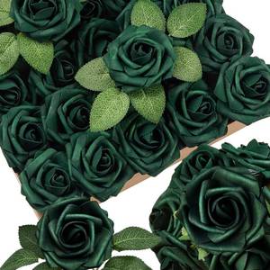 lot 24219 image: 25pcs Emerald Green Artificial Flowers Foam Fake Dark Hunt Green Rose with Stems 8 Leaves Real Looking Faux Roses for Wedding Bouquets Bridal Shower Centerpieces Arrangements Party Tables Decorations - Retail $15