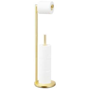 lot 24220 image: Toilet Paper Holder Stand, Bathroom Toilet Paper Roll Holder Stand with Reserve, Standing Toilet Paper Holder with Storage,Toilet Paper Roll Holder for 4 Rolls, Gold - Retail $20