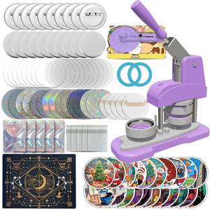 lot 24222 image: Button Maker Machine 58mm (2.25 inch), DIY Button Pin Maker Machine Comes with Free Button Parts, Circle Cutter, Cutting Board, Pattern Paper, Holographic Bags, Colored Film, and Protective Case - Retail $33