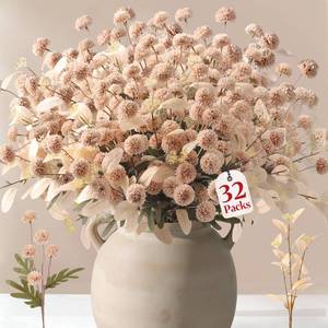 lot 24223 image: Alupssuc 16PCS Faux Silk Pompon Mums Artificial Flowers with Eucalyptus, Fake Chrysanthemum Floral for DIY Vase Arrangement, Long Stem Dining Table Centerpiece Home Indoor Decoration, Beige