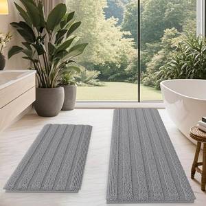 lot 24229 image: Striped Light Grey Bathroom Rug Mat Set 2 piece 32x2060x20 Ultra Soft, Non Slip Chenille Bath Rugs, Absorbent Plush Shaggy Bath Mats for Bathroom, Bedroom, Kitchen, Shower, Tub,Light Gray - Retail $37