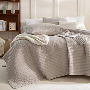 lot 24233 image: Sanracie Stonewashed Cotton Coverlet Oversized King(118x106), Linen Colored Ultra Soft Crinkle California King Quilt Bedding Set Lightweight Cross Stitch Bedspread Set 3Pcs for All Season - Retail $150