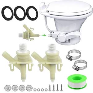 lot 24239 image: Giyochie 385311641 RV Toilet Water Valve Replacement Kit, 2 pcs Camper Toilet Valve with Flush Ball Sealing Rings Screws Screw Washers Stainless Steel Mesh Filters