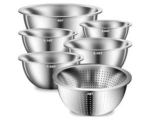 lot 24246 image: DUTZUN Heavy-Duty Stainless Steel Mixing Bowls Set of 5 plus 3QT Colander, Nesting Kitchen Metal Bowl for Baking Prep Salads Serving Cooking, Dishwasher Safe 4.0 to 0.8 QT - Retail $30