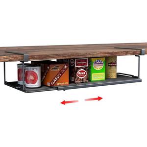 lot 24251 image: SHINEWON Expandable Under Cabinet Shelf, Extendable Under Shelf Storage with 0.94 Inches Thick Clips for Pantry Cabinet, Laundry Room, Shoe Rack. (Black, 1 Pack, Interior 3.66 H x 8.26 D) - Retail $19