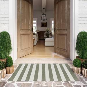 lot 24260 image: LEEVAN Outdoor Patio Rug 3x5, Washable Striped Front Porch Mat, Spring Colorful Outside Entryway Rug, Woven Welcome Doormat Green and White Buffalo Backyard Layered Mat for EntranceGo AwayDeck - Retail $30
