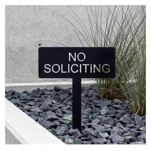 lot 42724 image: No Soliciting Metal Yard Sign for House, Modern Steel No Soliciting Sign, Outdoor No Soliciting Yard Sign for Front Yard or Planter, 4.1 x 10.6 with 10.2 Stake, Black - Retail $15