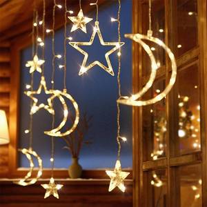 lot 42746 image: Moon and Stars Decor Curtain Lights, 11.5ft String Lights for Bedroom, Christmas, Ramadan Decor, Indoor LED Fairy Twinkle Light, Battery Operated or USB Plug-in (Warm Yellow) - Retail $23