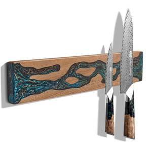 lot 42751 image: FINDKING Magnetic Knife Strip for Wall, Solid Acacia Wood with Mineral Blue Resin Inlay, Wall-Mounted Knife Holder with Strong Magnetic Hold, No-Drill Adhesive Mount (16 Inch) - Retail $40