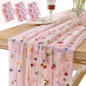 lot 42771 image: 6PCS Pink Floral Table Runner 10 FT, Embroidery Daisy Table Runners Seasonal Spring Summer Sheer Tulle Dining Table Decor for Home Party Birthday Decor 29x120 Inch - Retail $35