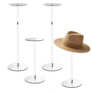 lot 42772 image: Estleys 4 Pcs Acrylic Hat Stand, 12 to 17 Clear Hat Stands, Wig Hat Display Rack, Adjustable Height Hat Holder, Round Acrylic Risers for Display Hat (4 pcs) - Retail $16