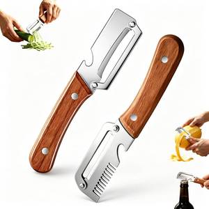 lot 42781 image: Multifunctional Vegetable Peeler 3-in-1, Julienne Peeler, Fruit Peeler Knife with Ergonomic Wood Handle, Stainless Steel Blade for Efficient Peeling, Grating & Slicing 2PCS) - Retail $17