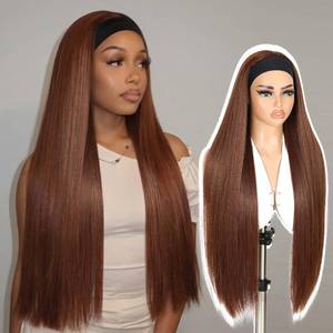 lot 42786 image: Quantum Love 30 inch Long Straight Headband Wig Synthetic Half Wigs For Black Women Dark Orange Brown Put and Go for Daily Use Hair Replacement Wigs(Chocolate Brown) - Retail $28