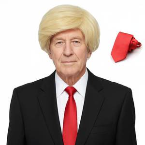 lot 42815 image: NIUOBYS Short Blonde Men Wig with Flag Pin and Red Tie Mens Funny Costume Hair for Halloween Party - Retail $18