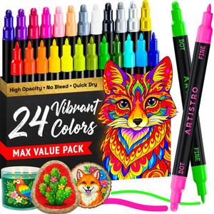 lot 43117 image: ARTISTRO 24 Precision Dual-Tip Acrylic Paint Markers Paint Pens Set with Dot & Fine Tips for Fabric, Rock, Glass, Wood, Coloring Books Arts & Crafts Gift Classroom Must Haves & School Supplies - Retail $10
