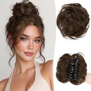 lot 43151 image: RUWISS Claw Clip Messy Bun Hair Piece Real Human Hair Buns Wavy Curly Chignon Hair Bun Extensions Tousled Updo Hair Buns Claw Clip Ponytail Hairpieces, Medium Brown (WarmReddish Tone) - Retail $26