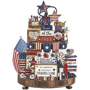 lot 43168 image: Seeloowy 26 Pcs 4th of July Tiered Tray Decoration Patriotic USA Wood Signs Rustic America Flag Red White and Blue Tiered Tray Decorations for Memorial Day Home 250th Anniversary Birthday Party - Retail $16