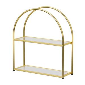 lot 62214 image: Crofy Gold Arched Frame Wall Shelf, Decorative 2 Tier Bathroom Wall Shelf with Transparent Tempered Glass Shelves and Robust Storage Capacity, 5.1 D x 17.9 W x 19.18 H - Retail $40
