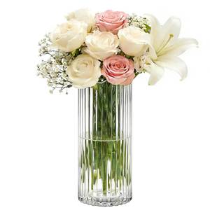 lot 9273 image: 11 inch Ribbed Glass Vase,Flower vases for Bouquet,Modern Clear Glass Cylinder Vases for Flowers,Ribbed Vases for Centerpieces,Living Room,Dining Table,Office,Wedding Reception,Housewarming Gift - Retail $19