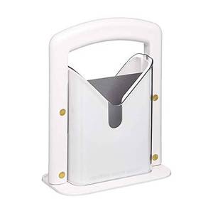 lot 9280 image: Hoan Bagel Biter Slicer and Cutter with Safety Shield - Serrated Blade Cuts Bagels, Muffins, Buns and Rolls - Dishwasher Safe Bagel Guillotine, 9.25 Inches Tall, White - Retail $17