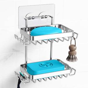 lot 9294 image: Nieifi Adhesive 2 Tier Bar Soap Holder, Stainless Steel for Shower Wall, Soap Dish for Bathroom, Silver - Retail $16