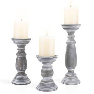 lot 9308 image: BANOMII Rustic Wooden Pillar Candle Holders Set of 3, 12 9 6 Farmhouse Wood Candle Stand for Table Centerpieces, Vintage Tall Candleholders Fireplace Mantel Decor for Living Room, Grey - Retail $39