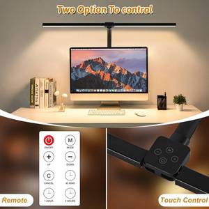 lot 9320 image: MACASA LED Desk Lamp for Office Dorm Home - Eye Caring Desk Light with Timer, Remote Control 24W Brightest Dual Screen Computer Monitor Gooseneck Dimmable Table lamp with Anti-Glare Cover Clamp - Retail $30