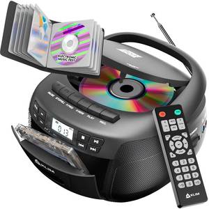 lot 9323 image: KLIM CD Player & Cassette Tape Player with Case, Bluetooth Boombox, AMFM Radio, Stereo Sound, Remote, CD and Cassette Combo, Tape Recording, USB Drive, AUX, ACDC Powered - Retail $55