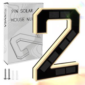 lot 9338 image: ISUNMEA 9 Inch Solar Lighted House Numbers for Outside, Light Up Waterproof LED Address Numbers Signs for Houses, Large Personalized Illuminated Exterior Modern House Numbers Light (2-Black, 9IN) - Retail $23