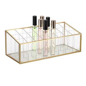 lot 9340 image: ELLDOO Rollerball Perfume Organizer, 24 Acrylic Spaces Glod Glass Perfume Storage Holder Beauty Scent Holder, Makeup Lipgloss Lipstick Display Case - Retail $24