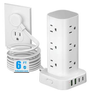 lot 9342 image: Tower Power Strips with Surge Protection, 6FT Flat Extension Cord with Multiple Outlets, 12 AC 4 USB Ports, Overload Protection Charging Station for Office Home Dorm Room Travel (White) - Retail $23
