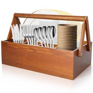 lot 9343 image: 6 Compartments Paper Plate Organizer with Handle for Countertop, Wood Silverware Caddy for Cup, Napkin, Fork and Spoon, Dispenser Stand and Utensil Holder, Cutlery Caddy for Party, Camping, Picnic - Retail $24
