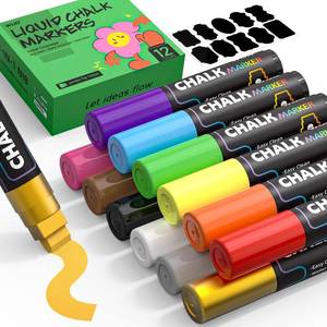 lot 24270 image: WUO 12 Colors Liquid Chalk Markers, 15mm Jumbo 3-in-1 Nib Window Chalk Markers, Washable Chalkboard Markers for Glass, Windows, Blackboards, Mirrors, Bistro Signage, and DIY Art Crafts - Retail $40