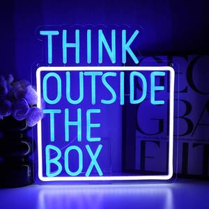 lot 25769 image: PMCVYH Think Outside The Box Neon Sign for Wall Decor, Creative Thinking Led Signs for Bedroom, USB Dimmable Neon Lights for Classroom Home Club Motivational Quote Office Wall Art - Retail $39